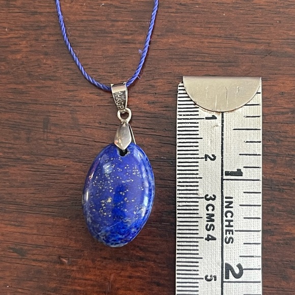 Natural lapis lazuli gemstone 18K gold plated bail pendant and blue silk cord - Picture 7 of 8